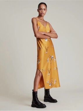 AllSaints Golden Yellow Floral Slip Midi Dress